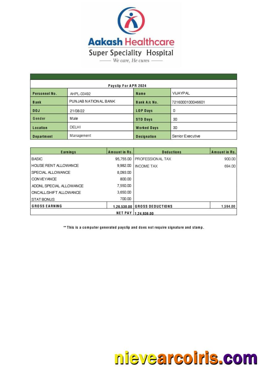 Aakash Healthcare payslip